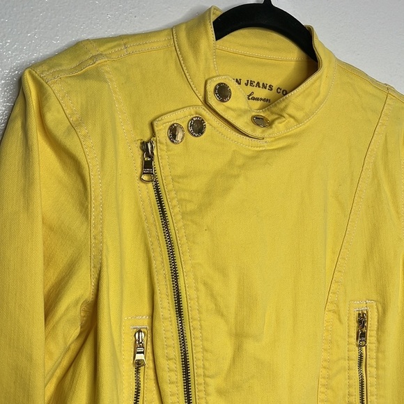 Lauren Jeans Yellow Denim Moto Asymmetrical Gold Zip Jacket Sz M - Picture 2 of 6